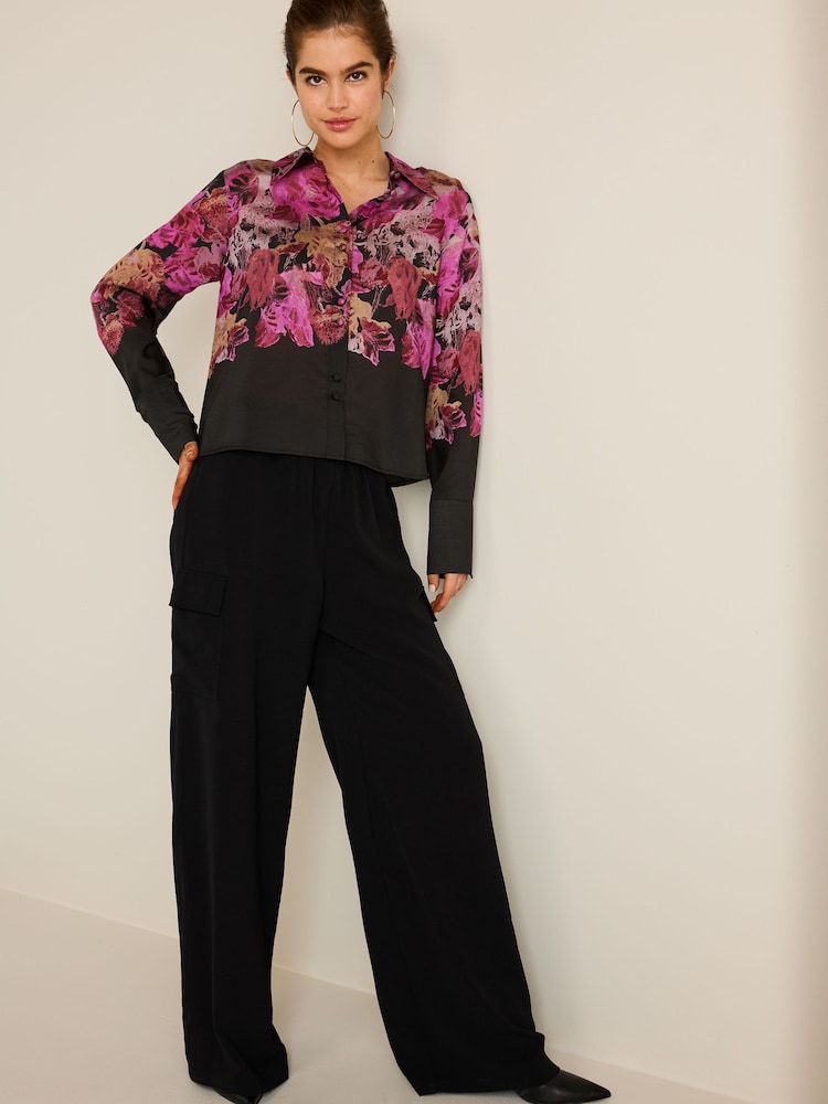 Purple/Black Floral Placement Sheer Placement Print Long Sleeve Shirt - Image 2 of 6