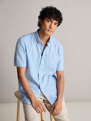 Blue Standard Collar Cotton Linen Blend Short Sleeve Shirt - Image 1 of 8
