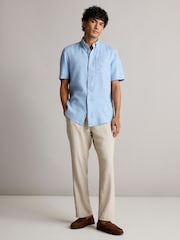 Blue Standard Collar Cotton Linen Blend Short Sleeve Shirt - Image 2 of 8