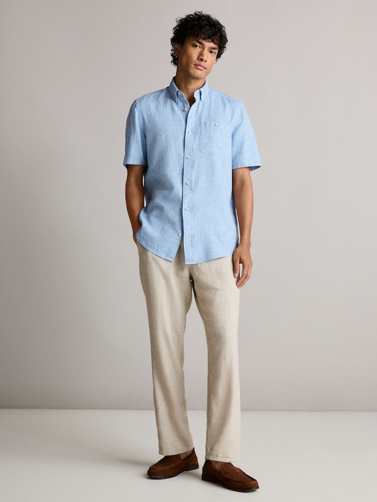 Blue Standard Collar Cotton Linen Blend Short Sleeve Shirt - Image 2 of 8