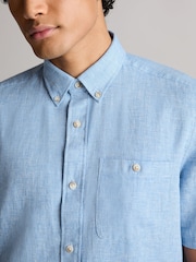 Blue Standard Collar Cotton Linen Blend Short Sleeve Shirt - Image 4 of 8