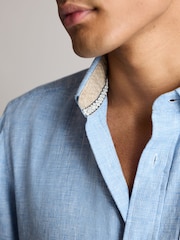 Blue Standard Collar Cotton Linen Blend Short Sleeve Shirt - Image 5 of 8