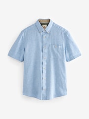 Blue Standard Collar Cotton Linen Blend Short Sleeve Shirt - Image 6 of 8