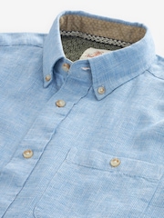 Blue Standard Collar Cotton Linen Blend Short Sleeve Shirt - Image 7 of 8