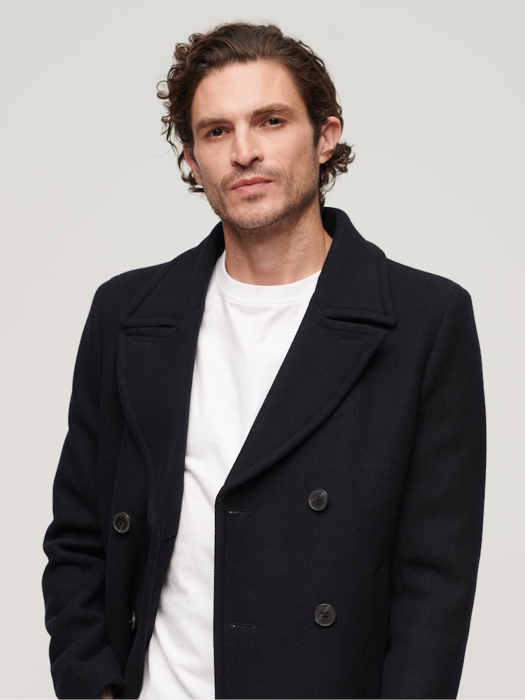 Superdry Blue 2 IN 1 Wool Pea Coat - Image 4 of 7