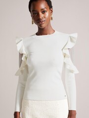 Biały - Ted Baker Floraas Fitted Knit Top With Sheer Shoulders - Image 1 of 6