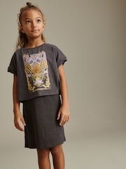 Charcoal Grey Retro Floral Graphic 2-in-1 Rib Dress And T-Shirt (3-16yrs) - Image 1 of 7