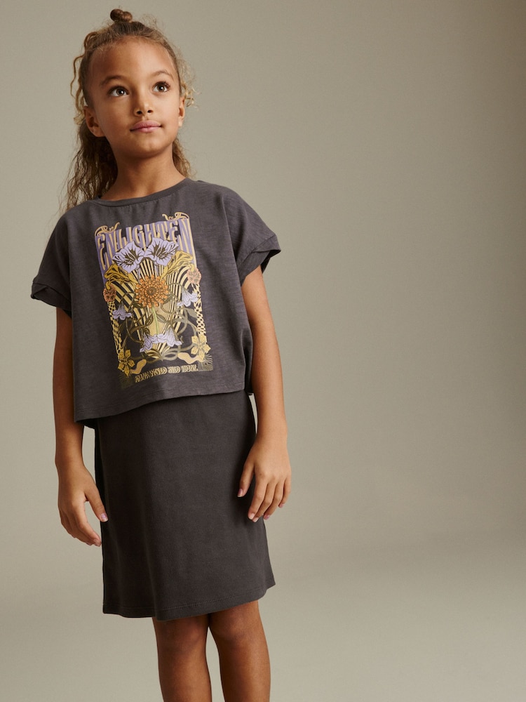 Charcoal Grey Retro Floral Graphic 2-in-1 Rib Dress And T-Shirt (3-16yrs) - Image 1 of 7