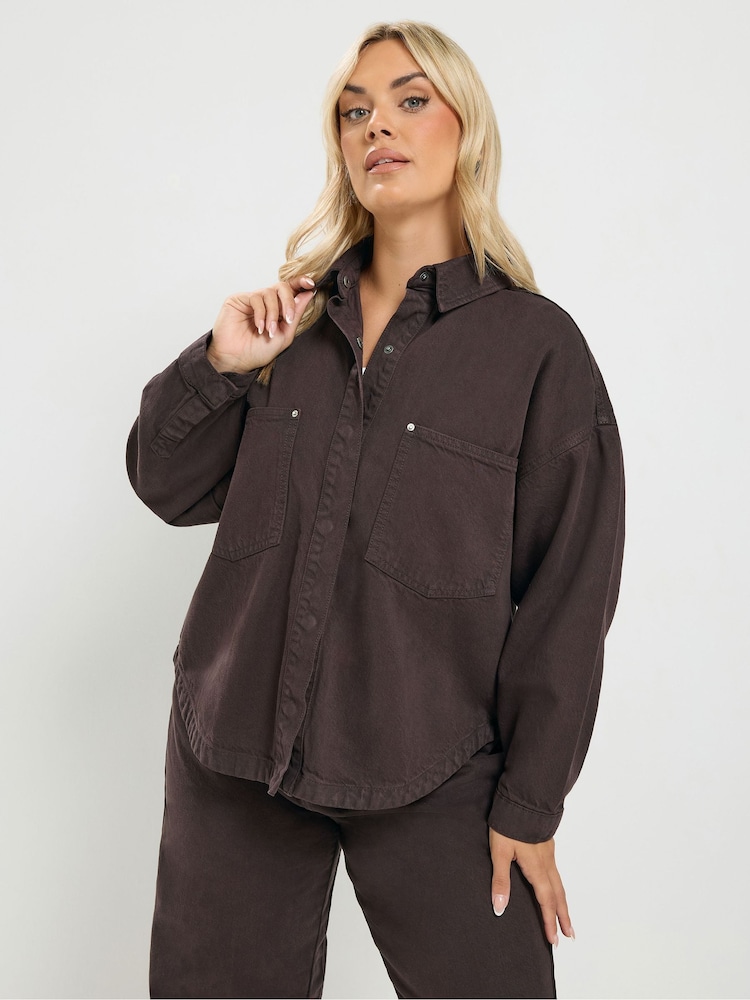Yours Curve Brown Denim Shirt - Image 2 of 7 Yours Curve Brown Denim Shirt - Image 2 of 7