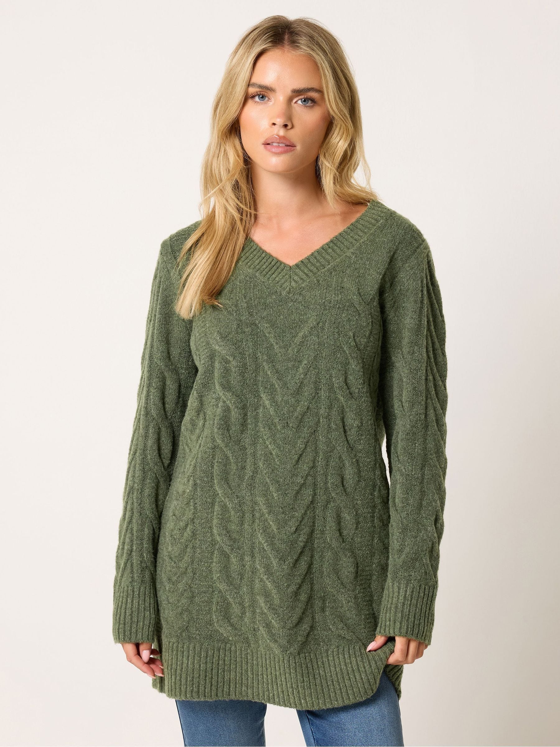 M & Co Women's Green Petite V-Neck Cable Knit Tunic Jumper - Image 1