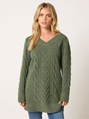 M&Co Green Petite V-Neck Cable Knit Tunic Jumper - Image 1 of 6