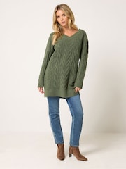 M&Co Green Petite V-Neck Cable Knit Tunic Jumper - Image 2 of 6