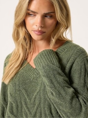 M&Co Green Petite V-Neck Cable Knit Tunic Jumper - Image 4 of 6