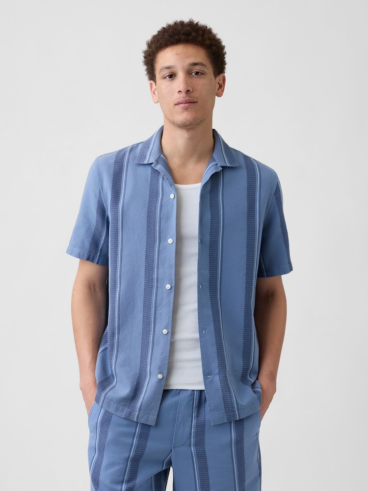 Gap Blue Stripe Textured Holiday Short Sleeve Shirt - Image 1 of 5 Gap Blue Stripe Textured Holiday Short Sleeve Shirt - Image 1 of 5