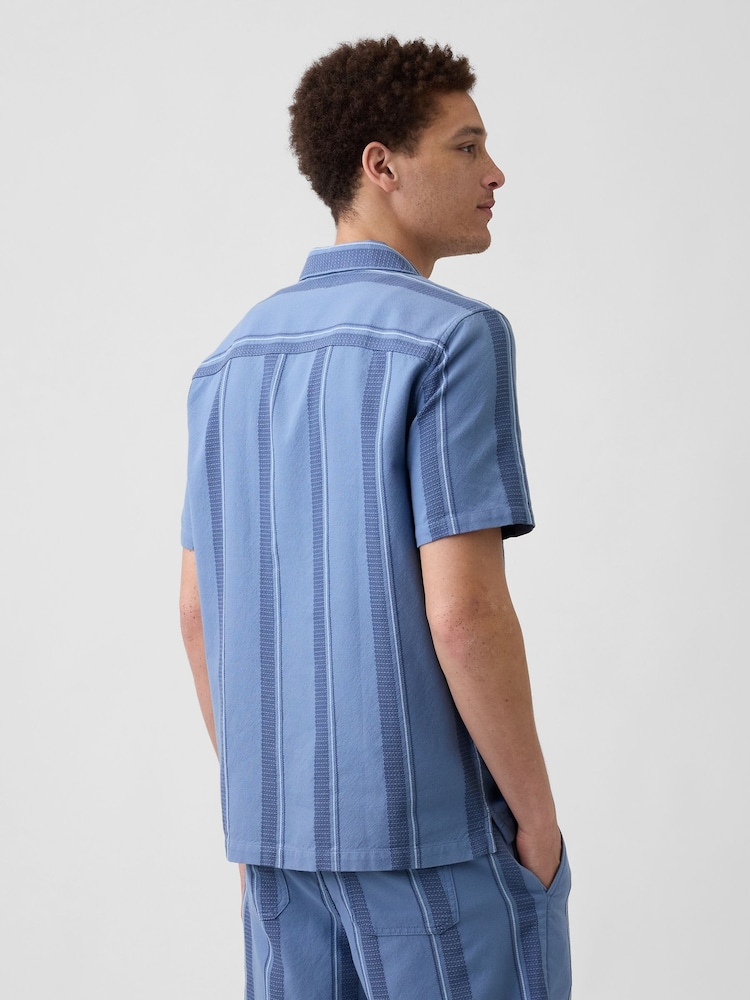 Gap Blue Stripe Textured Holiday Short Sleeve Shirt - Image 2 of 5 Gap Blue Stripe Textured Holiday Short Sleeve Shirt - Image 2 of 5
