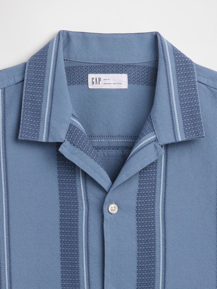 Gap Blue Stripe Textured Holiday Short Sleeve Shirt - Image 5 of 5 Gap Blue Stripe Textured Holiday Short Sleeve Shirt - Image 5 of 5