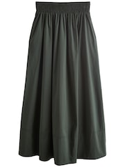 Khaki Green Poplin Midi Shirred Waist Skirt - Image 10 of 11