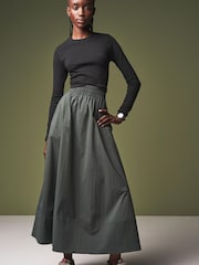 Khaki Green Poplin Midi Shirred Waist Skirt - Image 2 of 11