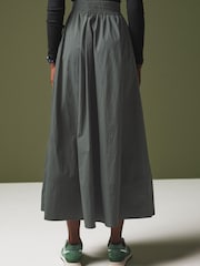 Khaki Green Poplin Midi Shirred Waist Skirt - Image 3 of 11