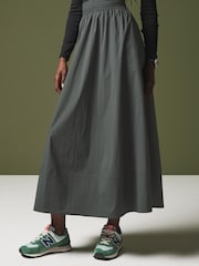 Khaki Green Poplin Midi Shirred Waist Skirt - Image 4 of 11