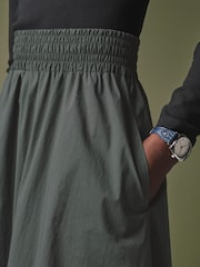 Khaki Green Poplin Midi Shirred Waist Skirt - Image 5 of 11