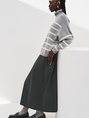 Khaki Green Poplin Midi Shirred Waist Skirt - Image 6 of 11