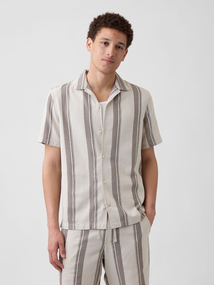 Gap Brown Stripe Textured Holiday Short Sleeve Shirt - Image 1 of 5 Gap Brown Stripe Textured Holiday Short Sleeve Shirt - Image 1 of 5