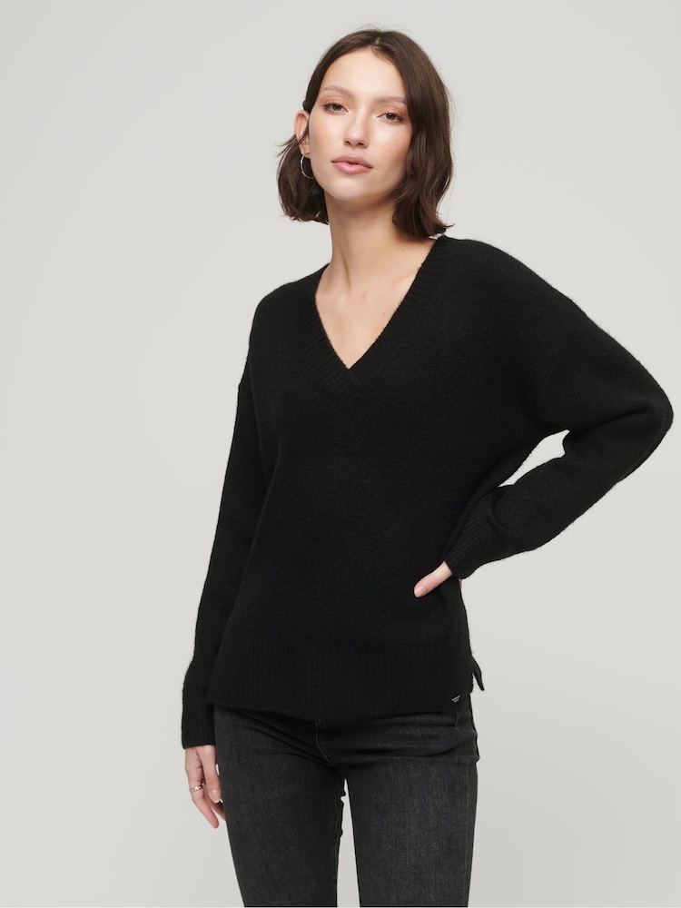 Schwarz - Superdry Oversize-Pullover mit V-Ausschnitt - Bild 1 von 6