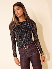 Friends Like These Black Chain Print Long Sleeve Drape Mesh Top - Image 1 of 6