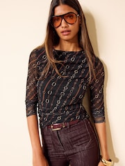 Friends Like These Black Chain Print Long Sleeve Drape Mesh Top - Image 3 of 6