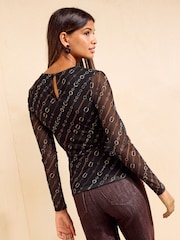 Friends Like These Black Chain Print Long Sleeve Drape Mesh Top - Image 6 of 6