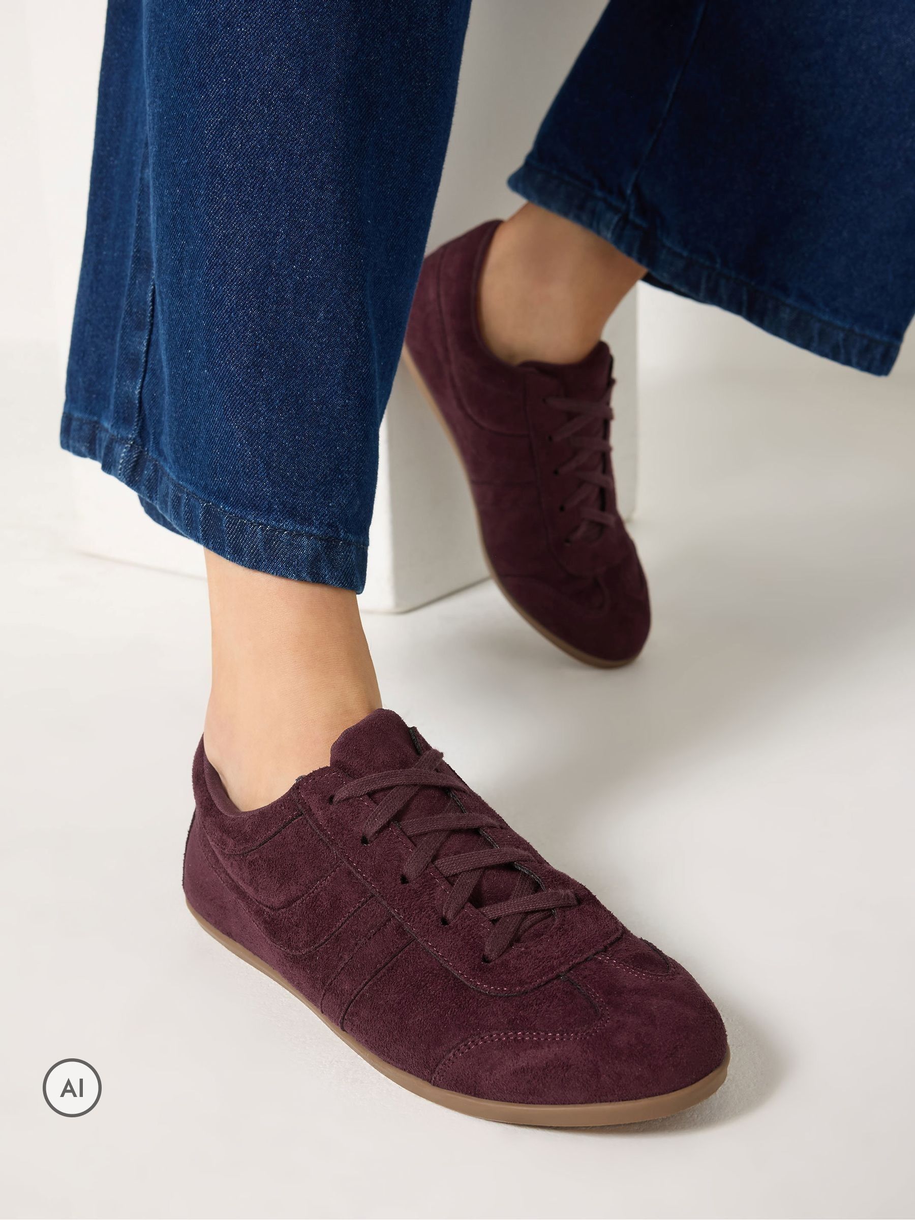 Long Tall Sally Women's Burgundy Retro Faux Suede Trainers In Standard Fit In | Size: 7 - Image 3