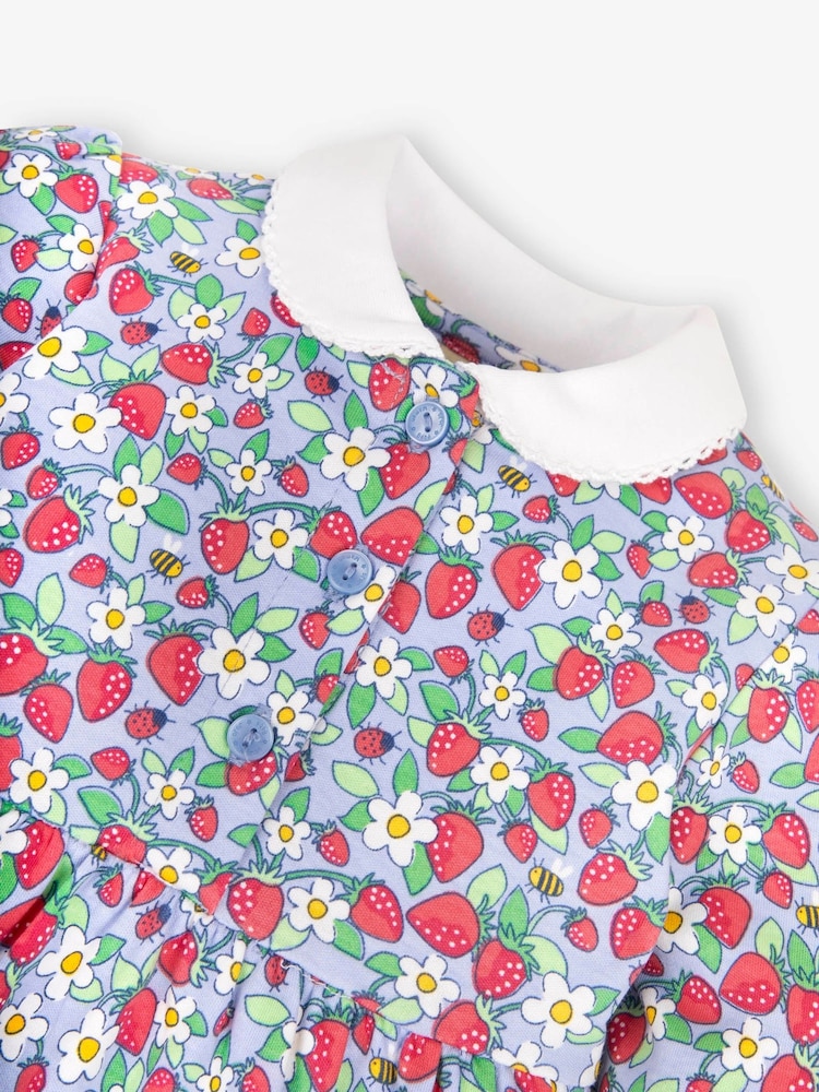 JoJo Maman Bébé Blue Strawberry Print With Pet In Pocket Peter Pan Dress - Image 3 of 4