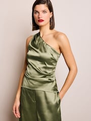 Green Satin One Shoulder Top - Image 1 of 6