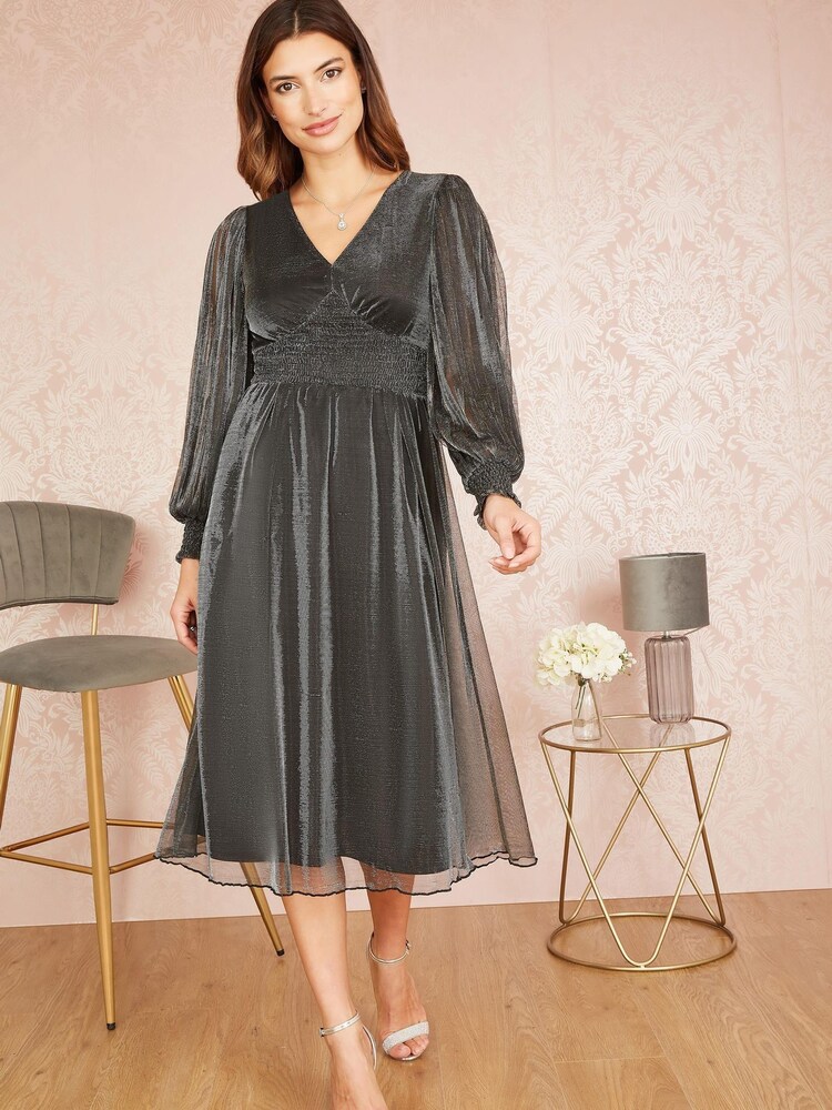 Yumi Black Metallic Long Sleeve Shimmer Midi Dress - Image 1 of 5 Yumi Black Metallic Long Sleeve Shimmer Midi Dress - Image 1 of 5