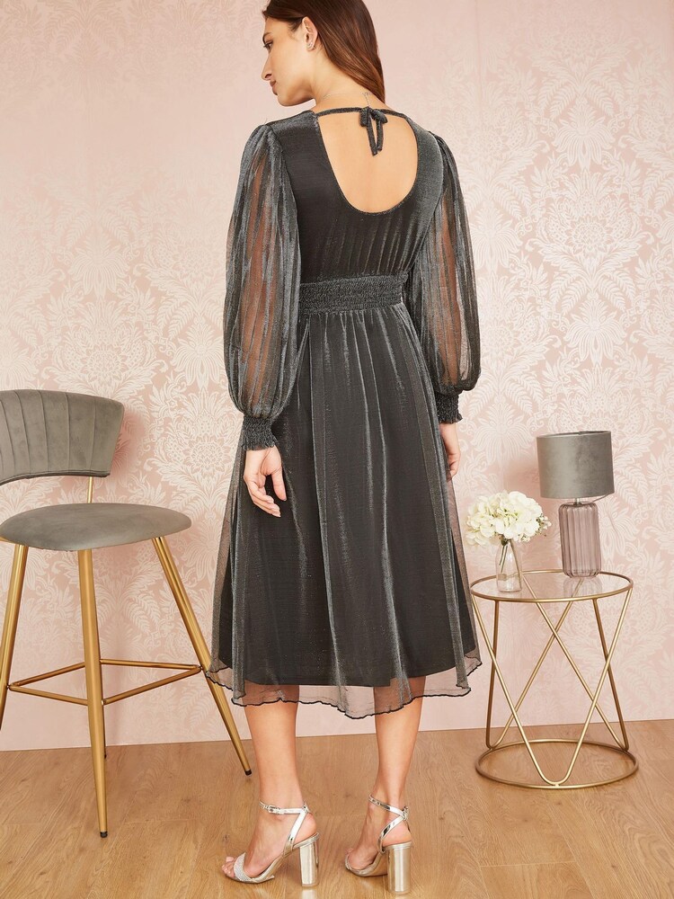 Yumi Black Metallic Long Sleeve Shimmer Midi Dress - Image 2 of 5 Yumi Black Metallic Long Sleeve Shimmer Midi Dress - Image 2 of 5