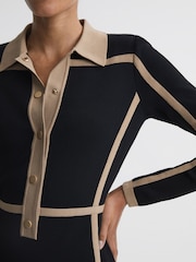Reiss Black/Camel Nikki Contrast Trim Press-Stud Mini Dress - Image 4 of 6