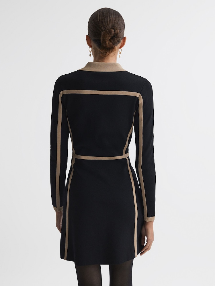 Reiss Black/Camel Nikki Contrast Trim Press-Stud Mini Dress - Image 6 of 6