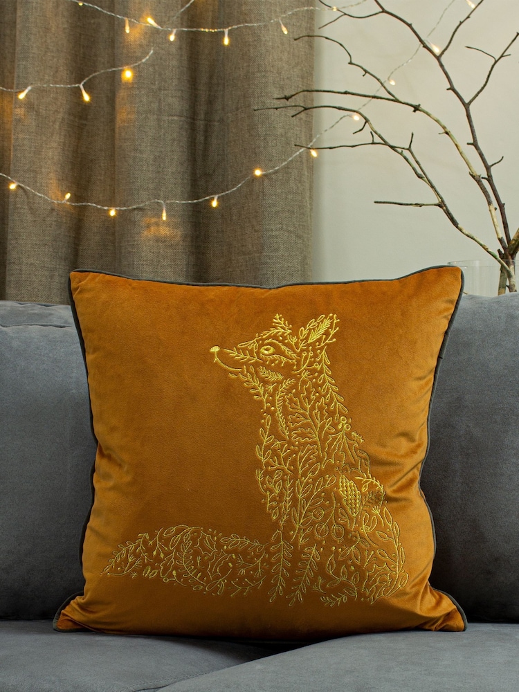 furn. Rust Orange/Gold Forest Fauna Embroidered Polyester Filled Cushion - Image 1 of 3