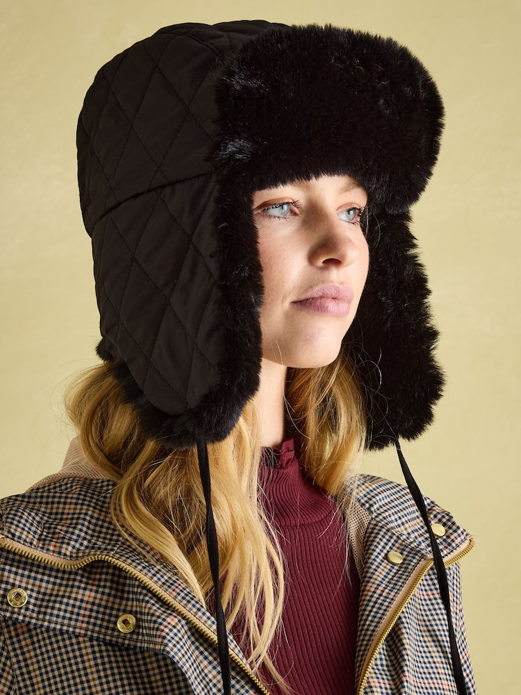 Joules Eira Black Faux Fur Lined Quilted Trapper Hat - Image 1 of 7