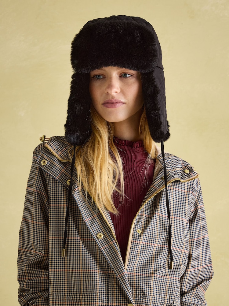 Joules Eira Black Faux Fur Lined Quilted Trapper Hat - Image 2 of 7