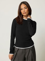 PixieGirl Petite Black Contrast Long Sleeve Cotton T-Shirt - Image 1 of 6