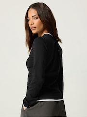 PixieGirl Petite Black Contrast Long Sleeve Cotton T-Shirt - Image 3 of 6