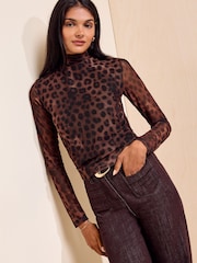 Friends Like These Brown Animal Print Mesh Roll Neck Top - Image 1 of 5