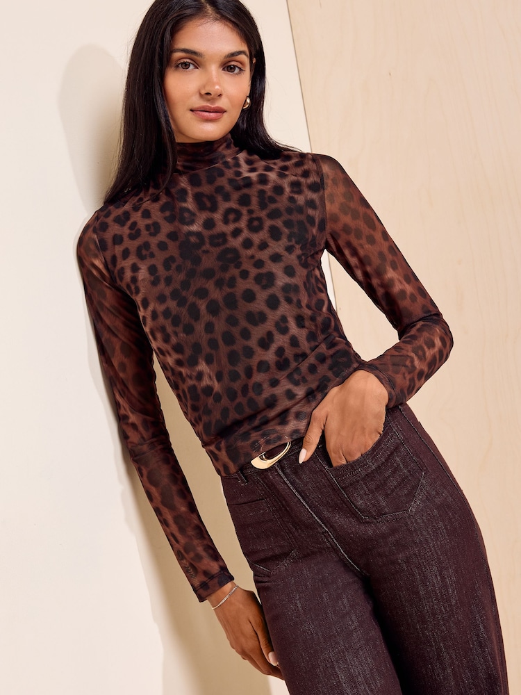 Friends Like These Brown Animal Print Mesh Roll Neck Top - Image 1 of 5