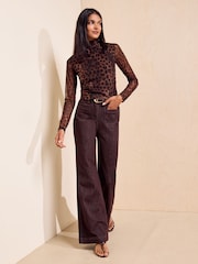 Friends Like These Brown Animal Print Mesh Roll Neck Top - Image 2 of 5