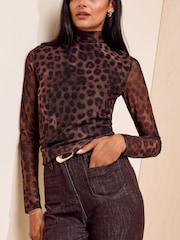 Friends Like These Brown Animal Print Mesh Roll Neck Top - Image 3 of 5