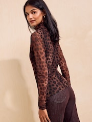 Friends Like These Brown Animal Print Mesh Roll Neck Top - Image 5 of 5