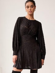Black Floral Texture Long Sleeve Mini Dress - Image 1 of 6
