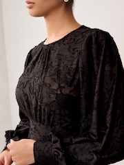 Black Floral Texture Long Sleeve Mini Dress - Image 4 of 6